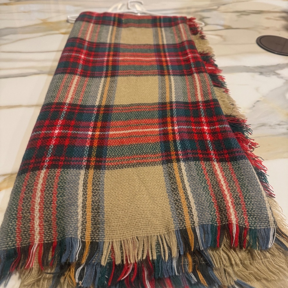 Tan Red Green Plaid Blanket Scarf with Fringe